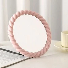 1pc Simple Cream-Toned Desktop Makeup Mirror, Asymmetrical Dressing Mirror For Office/ Vanity, Cute Design For Girls - Multicolor - View 2