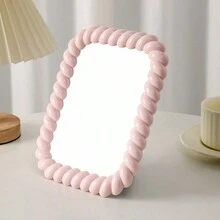1pc Simple Cream-Toned Desktop Makeup Mirror, Asymmetrical Dressing Mirror For Office/ Vanity, Cute Design For Girls - Multicolor - View 3