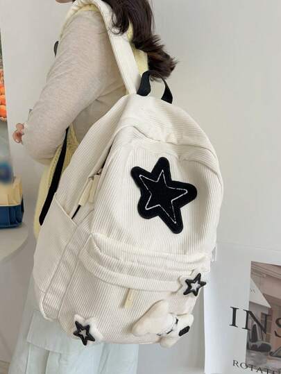 休闲灯芯绒星星学生背包，可容纳14英寸笔记本电脑，大容量旅行包，适合学校，适合女性和男性，时尚星星镂空女包