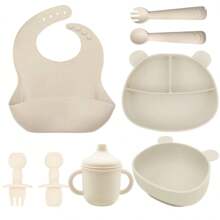 8 pezzi/set Stoviglie di alimentazione per bambini, piatti in silicone con base a ventosa, bavaglini regolabili, forchette, cucchiai, tazza per snack e tazza per paglia in silicone