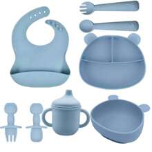 8 pezzi/set Stoviglie di alimentazione per bambini, piatti in silicone con base a ventosa, bavaglini regolabili, forchette, cucchiai, tazza per snack e tazza per paglia in silicone