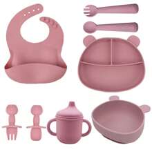 8 pezzi/set Stoviglie di alimentazione per bambini, piatti in silicone con base a ventosa, bavaglini regolabili, forchette, cucchiai, tazza per snack e tazza per paglia in silicone