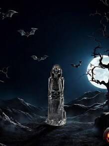 1pc Halloween Party Decor Skeleton Sitting On Gravestone Worried Figurine, Home Decoration