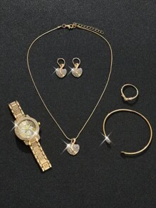 6pcs/Set Women's Quartz Watch, Luxury Design Ladies' Watch With Alloy Steel Band, Rhinestone Decor, Three-Eye Roman Numeral Dial And Alloy Jewelry Set, Heart-Shaped Pointed Diamonds, Suitable For Formal Occasions, Valentine's Day