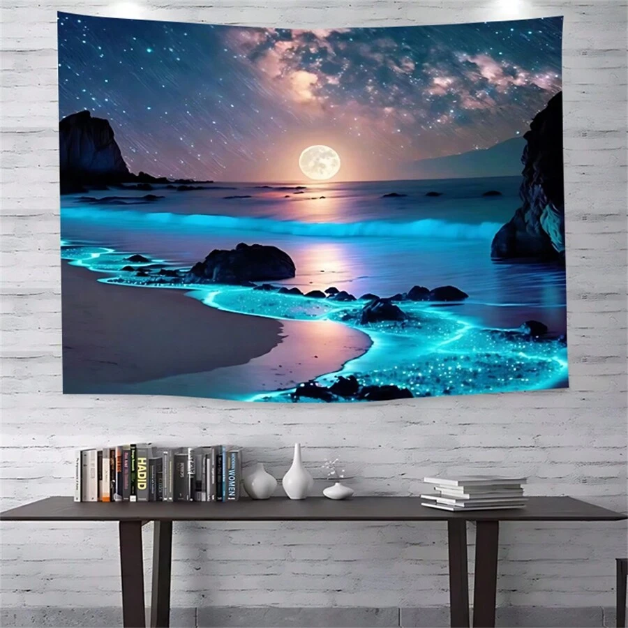 1入組藍珍珠海滿月夜景掛毯，室內裝飾掛墻用78*59英寸涤棉掛毯，適用於房間寢室裝飾，包含免費配件贈禮給您和朋友 - 藍色 - 查看 1