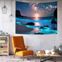 1入組藍珍珠海滿月夜景掛毯，室內裝飾掛墻用78*59英寸涤棉掛毯，適用於房間寢室裝飾，包含免費配件贈禮給您和朋友 - 藍色 - 查看 3
