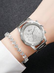 Women's 6pcs/Set Stainless Steel Band Quartz Wrist Watch With Diamond Dial & Heart-Shaped Crystal Bracelet, Elegant Watch Accessory Set (Excluding Watch Box) - 彩色 - 查看 2