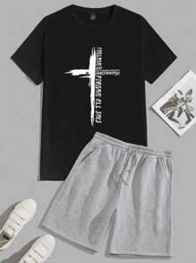 Conjunto De Dos Piezas Para Hombres, T-shirt Con Mangas Cortas Y Letra Impresa De Talla Grande Con Pantalones Cortos - Negro - Ver 1