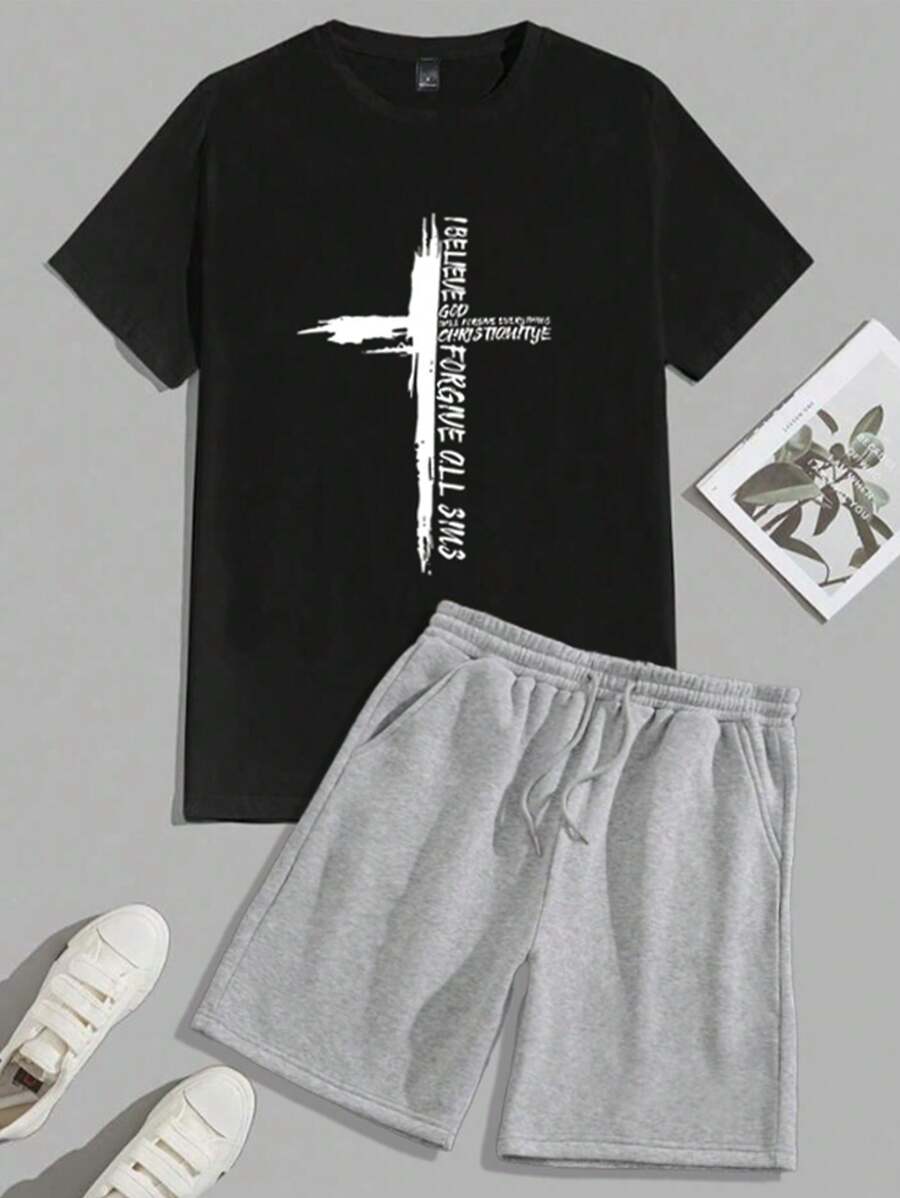 Conjunto De Dos Piezas Para Hombres, T-shirt Con Mangas Cortas Y Letra Impresa De Talla Grande Con Pantalones Cortos - Negro - Ver 1