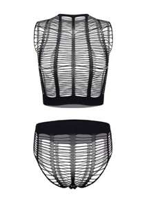 Bộ 2 bộ đồ ngủ nội y gợi cảm dành cho nữ, Bikini quây và áo liền quần lưới cá - màu đen - Xem 4
