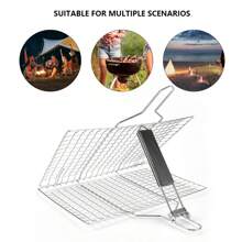 1入摺疊式烤肉網不鏽鋼不粘烤肉籃工具烤肉網格，適用於魚肉牛排蔬菜固定架 - 銀色 - 查看 6