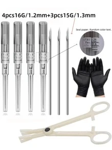 9pcs/Set Sterile Mixed Size Stainless Steel Piercing Tools. 7pcs Piercing Tools + 1 Tweezers + 1 Pair Gloves To Handle (14G 16G 18G 20G) IV Catheter Sealing Papers, Random Color & Text. Hollow Piercing Hole, Suitable For Men & Women Ear, Nose, Navel, Lip, Eyebrow, Tongue, Soft Tissue Piercing Beauty Tools