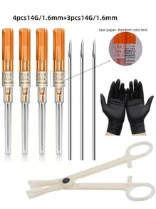 9pcs/Set Sterile Mixed Size Stainless Steel Piercing Tools. 7pcs Piercing Tools + 1 Tweezers + 1 Pair Gloves To Handle (14G 16G 18G 20G) IV Catheter Sealing Papers, Random Color & Text. Hollow Piercing Hole, Suitable For Men & Women Ear, Nose, Navel, Lip, Eyebrow, Tongue, Soft Tissue Piercing Beauty Tools