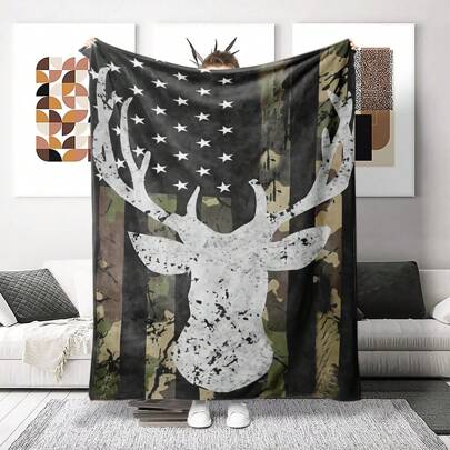 1pc Retro Camouflage Deer Printed Flannel Blanket, Soft Cover Blanket Nap Blanket, Suitable For Travel Sofa Bed Office Home Decor, Birthday Holiday Gift Blanket, Available All Year Round, Best Gift For Boys, Girls And Adults