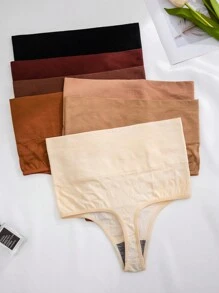 Conjunto de 7 piezas de ropa interior tipo tanga sin costuras para mujer con control de abdomen de cintura alta, corazón bordado y rayas tejidas