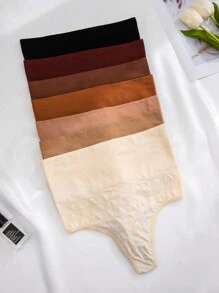 Conjunto de 7 piezas de ropa interior tipo tanga sin costuras para mujer con control de abdomen de cintura alta, corazón bordado y rayas tejidas