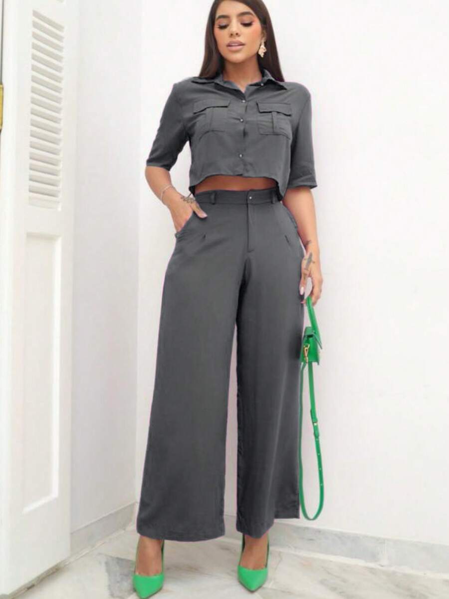 FESHION LINEN BLOUSE AND PANTACOURT PANTS SET - Xám - Xem 1