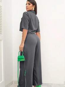 FESHION LINEN BLOUSE AND PANTACOURT PANTS SET - Xám - Xem 3