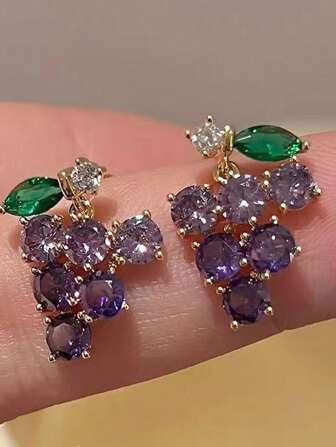 1對紫色葡萄形鋯石耳釘，清新甜美風格適合少女