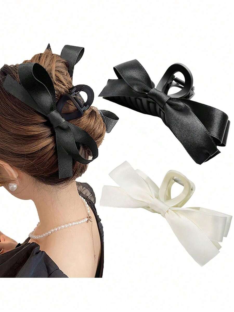 Nơ vải thủ công dành cho nữ Kẹp tóc lớn màu đen và trắng Satin mịn, Vuốt tóc phong cách thanh lịch cổ điển thời trang và linh hoạt, thích hợp cho các chuyến đi chơi hàng ngày, các bữa tiệc thông thường, đi làm và ngày lễ, để buộc, kiểu tóc búi và cập nhật, rửa mặt, phụ kiện trang điểm và quần áo - Nhiều màu - Xem 1