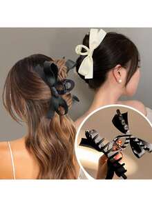 Nơ vải thủ công dành cho nữ Kẹp tóc lớn màu đen và trắng Satin mịn, Vuốt tóc phong cách thanh lịch cổ điển thời trang và linh hoạt, thích hợp cho các chuyến đi chơi hàng ngày, các bữa tiệc thông thường, đi làm và ngày lễ, để buộc, kiểu tóc búi và cập nhật, rửa mặt, phụ kiện trang điểm và quần áo - Nhiều màu - Xem 3