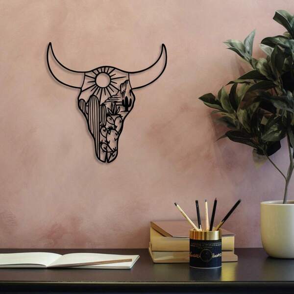 1 pieza de decoración de pared de metal con diseño de cráneo de vaca del desierto, arte de cráneo de vaca y cactus para decoración de interiores, decoración artística de silueta de paisaje del desierto, decoración del hogar y del jardín en estilo suroeste con cráneo de vaca, estilo bohemio, vaca longhorn, regalo único, decoración, decoración del hogar, decoración de habitación, decoración de pared