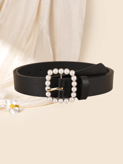 Square Faux Pearl Buckle Women's Belt, Retro Simple Fashionable Versatile Decorative Waistband Elegant Summer, School Fall, Autumn, Halloween