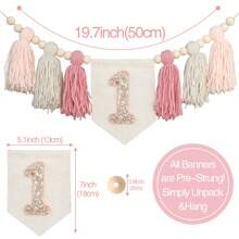 1pc Pink High Chair Banner, Glittery Tassel Floral Wreath Decor For 1st Birthday Party,Christmas - Pink - View 2