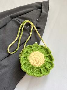 [Producto terminado] Bolso de crochet con girasoles en ambos lados, hecho a mano con bolso dulce de punto para llaves y monedas - Verde - Ver 8