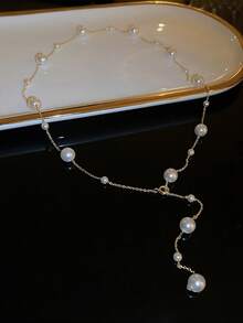 1件简约长款仿珍珠项链 时尚ins风锁骨链Y型个性化优雅项链 新娘项链 优雅 - 金色 - 查看 4