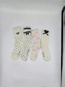 4 pares de calcetines de media caña con moño para niñas, envío aleatorio, ligero y transpirable, calcetines versátiles de ins en blanco y negro para primavera y verano