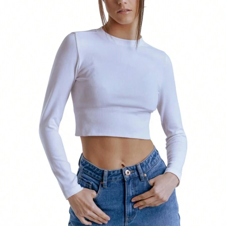 Blusa Crop Top Seamless Dama Manga Larga Lisa - Blanco - Ver 1