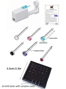 26 buc/1 set Kit de piercing la nas steril, pistol de unică folosință pentru dureri reduse, știft pentru nas încorporat cu culori roz/alb/negru/violet/albastru cer/roșu, 20G (24 bucăți asortate de știfturi pentru nas drepte cu mreană, cu pietre prețioase colorate aleatoriu), potrivite pentru Bărbați, femei și studenți pentru instrumente și accesorii de frumusețe pentru piercing