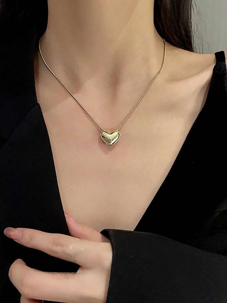 1 件红色爱心钛钢项链，女性情人节礼物，优雅小红心领链，心形吊坠，女性情人节 - 金色 - 查看 4