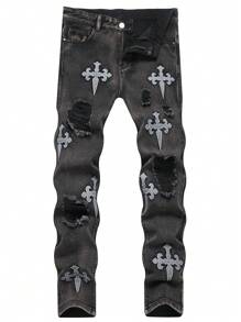 Teenagers' Fashionable Embroidered Cross & Flower Pattern Jeans - Black - View 1
