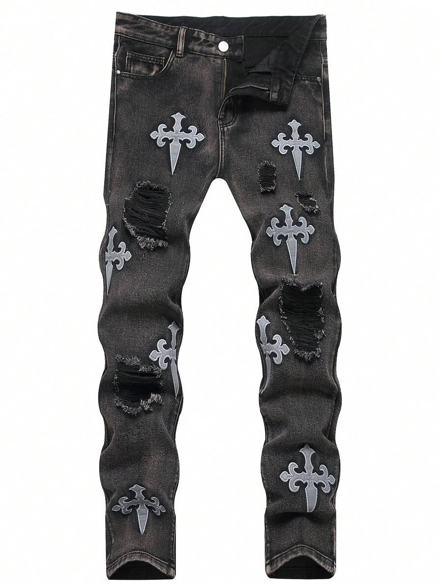 Teenagers' Fashionable Embroidered Cross & Flower Pattern Jeans - Black - View 1