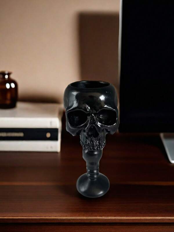 1pc Vintage Skeleton Head Pedestal Decor, Halloween Scene Decoration, Home Decor Candlestick Ornament