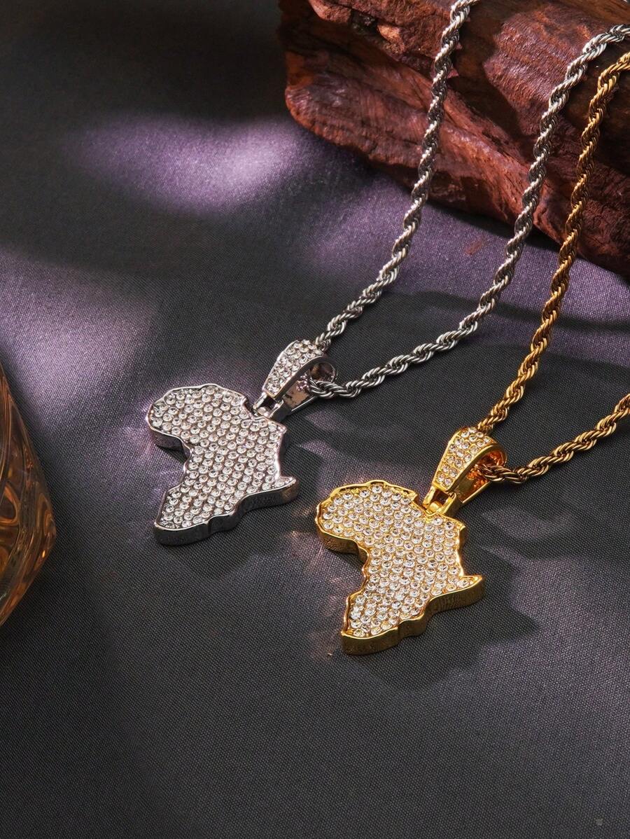 1入款庞克、嘻哈風格不鏽鋼項鍊，彩色鑽石玻璃裝飾地圖設計，男士派對裝或作為父親或兄弟的禮物最佳