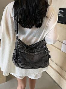 休閒純色帆布多口袋女款斜背包 - 黑色 - 查看 5