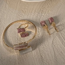 Lerato Afro Bracelete de Braço Dourado ,Anel Premium e Brinco Argola Click Acessório de joia elegante para uso diário, festa viagem, Férias - Turmalina Rosa +  Selenita - Visão 4