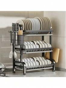Escurridor de platos con 3 Niveles, con Escurridor para Mostrador, Escurridor de Cocina Multifuncional con Herramientas,con Soporte para Cuchillos, Cubiertos y Tablas de Cortar,navidad - Negro - Ver 2