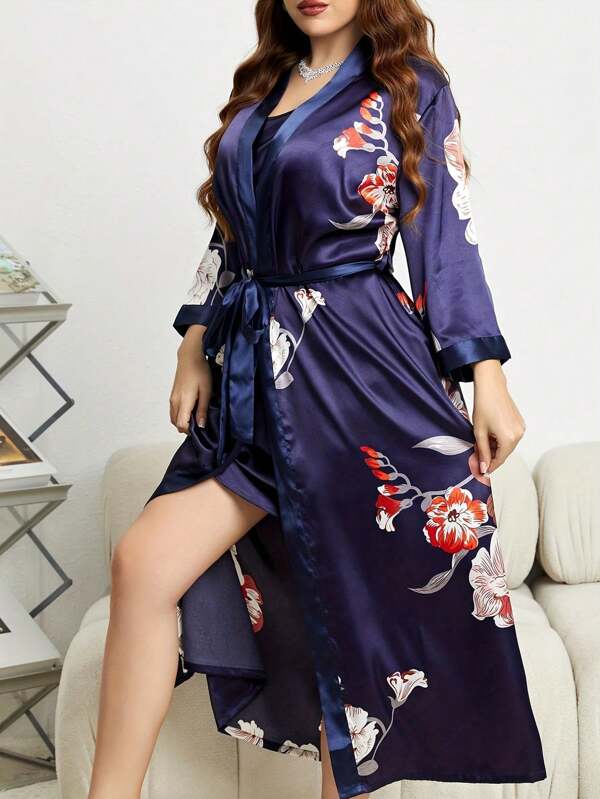 1pc Plus Size Women's Thin Belted Silk Long Sleepwear Robe, Fashionable & Elegant Loose Nightgown With Random Print, Suitable For Home Use, Vacation