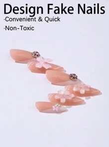 24 piezas de elegantes uñas postizas medianas de tono rosa con flores vibrantes adornadas con lazos 3D, corazones y diamantes de imitación brillantes, ideal para tertulias de verano - Multicolor - Ver 4