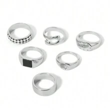 Set de 6 anillos con diseño de goteo de aceite y estampado de cuadros, con piedras preciosas negras y diseño de palma - Plateado - Ver 6