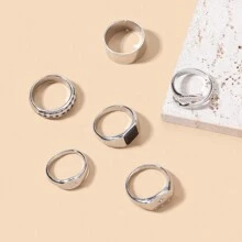 Set de 6 anillos con diseño de goteo de aceite y estampado de cuadros, con piedras preciosas negras y diseño de palma - Plateado - Ver 4