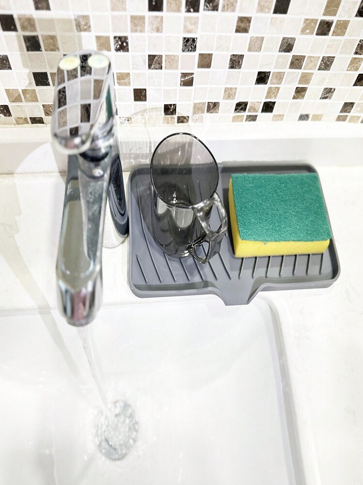 Silicone Dish Drying Mat, Multi-Function Drain Rack Holder For Kitchen Utensils, Cups, Water Tap, Soap Sponge - Grey - View 10