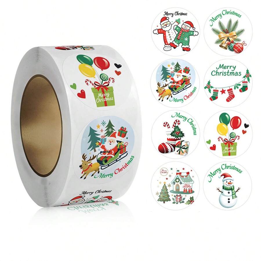 TYFYO 1 卷 500 张 1 英寸圣诞圣诞老人驯鹿贴纸，节日礼物不干胶标签，圣诞节 - 彩色 - 查看 1