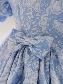 小女孩花卉提花圆领泡泡袖公主裙儿童连衣裙 - 藍色 - 查看 6