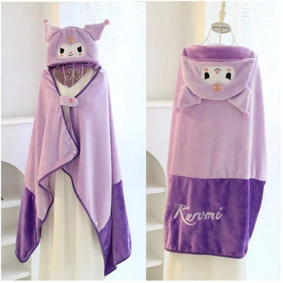 Miniso 三丽鸥酷洛米卡通毛绒连帽空调毯斗篷，厚实保暖，可爱午睡披肩（90*140厘米） - 紫色 - 查看 1