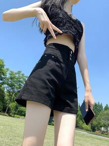 Quần short nữ dáng chữ A siêu ngắn, co giãn và ôm sát, màu đen, thích hợp mặc mùa hè. - màu đen - Xem 7